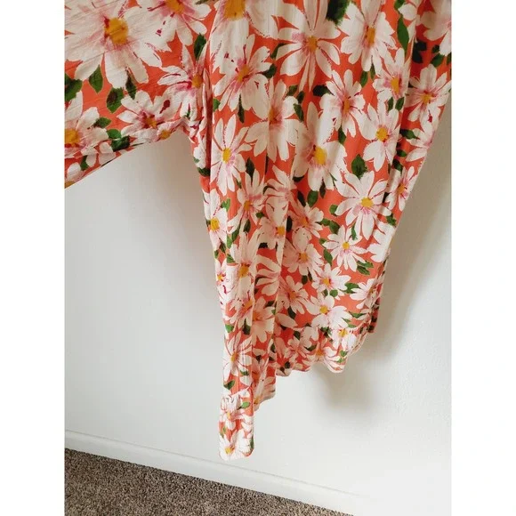 Angie Womens M Orange Daisy Floral Print Wide Leg Jumpsuit Smocked Bohemian Boho - Picture 5 of 10